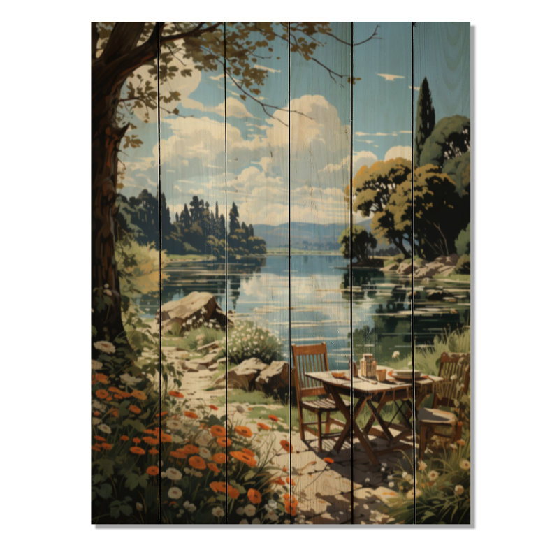 Pique-nique alimentaire au bord du lac I - Impression sur bois de pin naturel, H 40 po x l 30 po x P 0,78 po