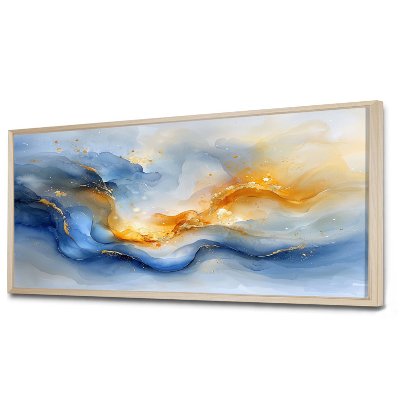 «Blue Yellow Dream Lines V - Abstract collages», art mural, H 28 po x l 60 po, Cadre flottant, Naturel