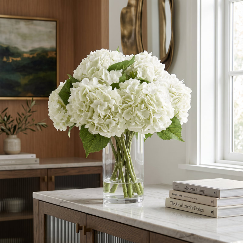 Real Touch Hydrangeas Arranged in a Glass Vase, Light Blue