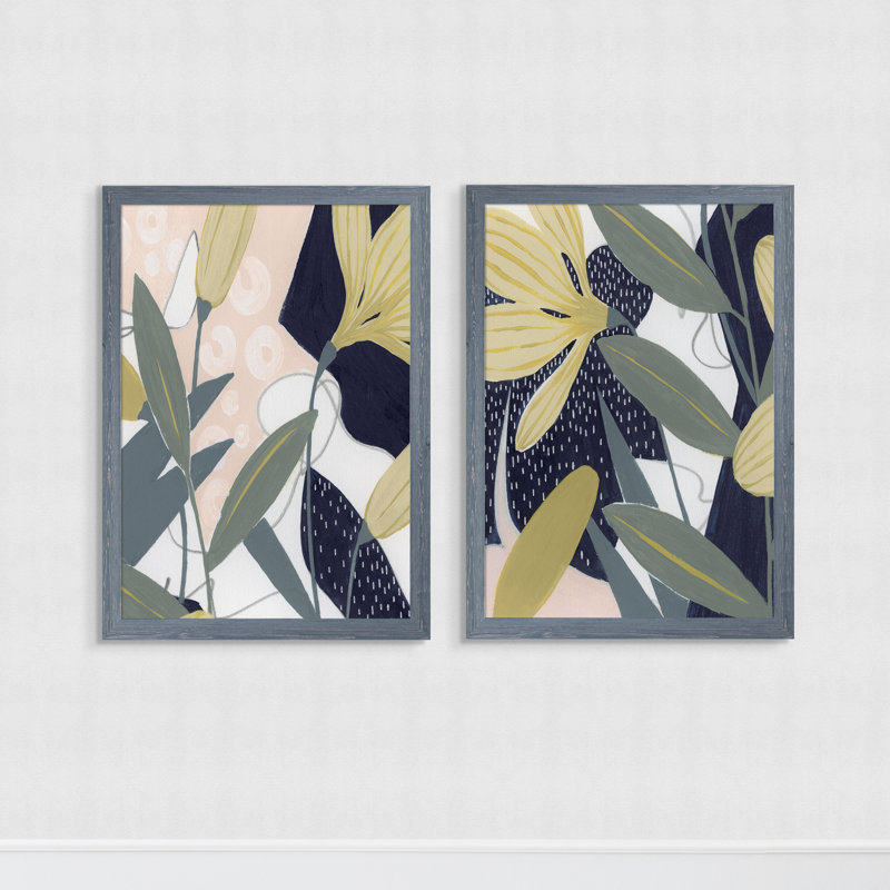 Flores Noche IV - Ensemble de 2 peintures sur toile encadrées, Toile avec cadre gris, H 20 po x l 32 po x P 1,25 po