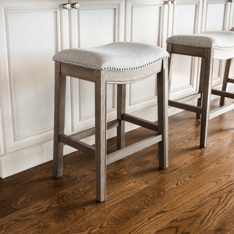 Maven Lane Adrien Backless Saddle Kitchen Stool with Fabric Upholstery, Ash Grey Fabric / Reclaimed Oak