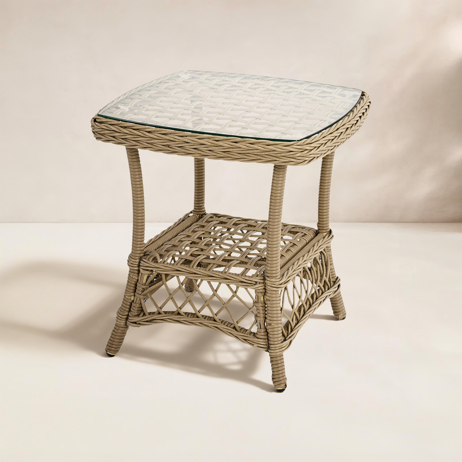 Kyla 1-Piece Wicker Patio Side Table With Glass Tabletop