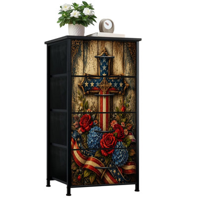 4 Drawer Vertical Storage Dresser Patriotic Wooden Cross American Flag Details Floral Arrangement with Wood Top Fabric Pull Drawers