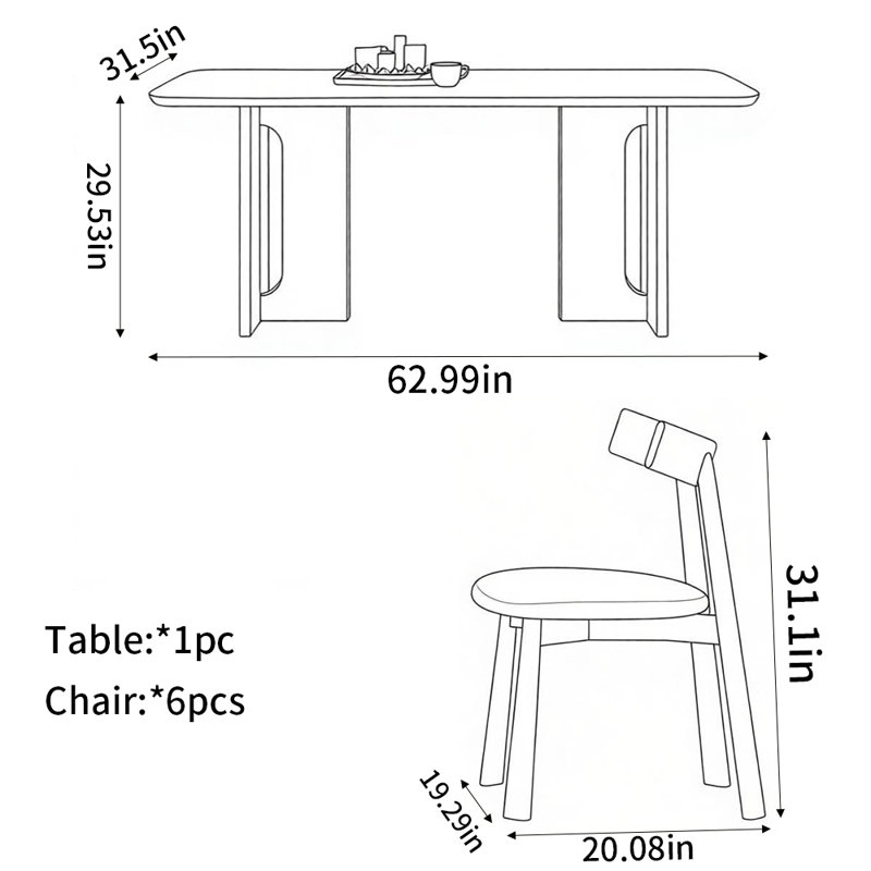 Ensembles de table à manger rétro élégants, H 29,53 po x L 62,99 po x l 31,5 po, 7 pièces : table, 6 chaises, Beige