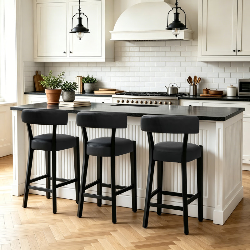Tabouret de bar 26 po Mid-Century, Similicuir noir / cadre noir, 3