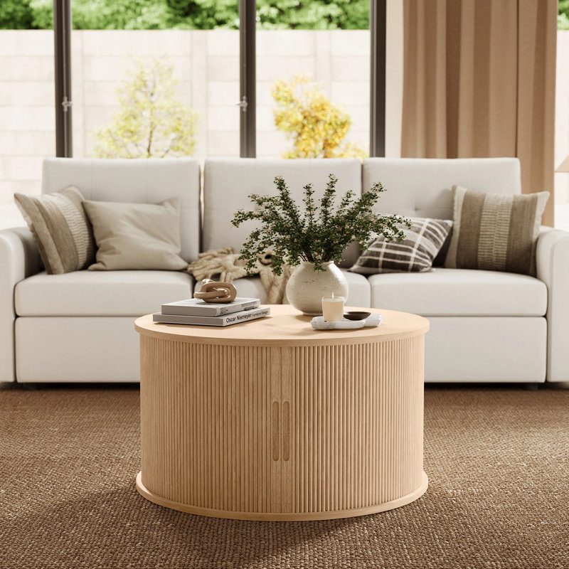 Table basse ronde avec grand rangement Leathia, Beige