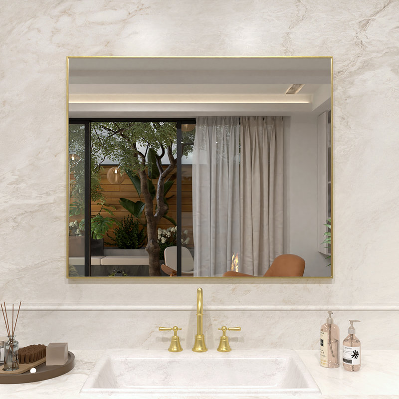 Vela 36 in. W x 30 in. H Framed Wall Bathroom Vanity Mirror in Brushed Gold, 30" x 36", Brushed Gold