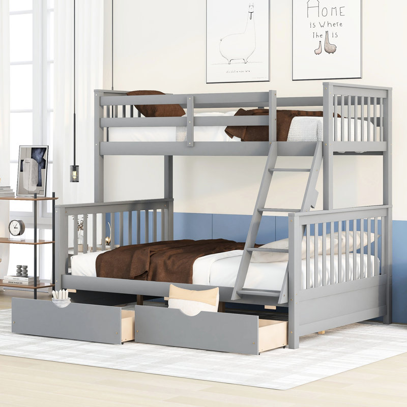 Lit superposé simple Safe, gris, avec garde-corps et tiroirs en bois massif pour la chambre à coucher, Lit double, Gris