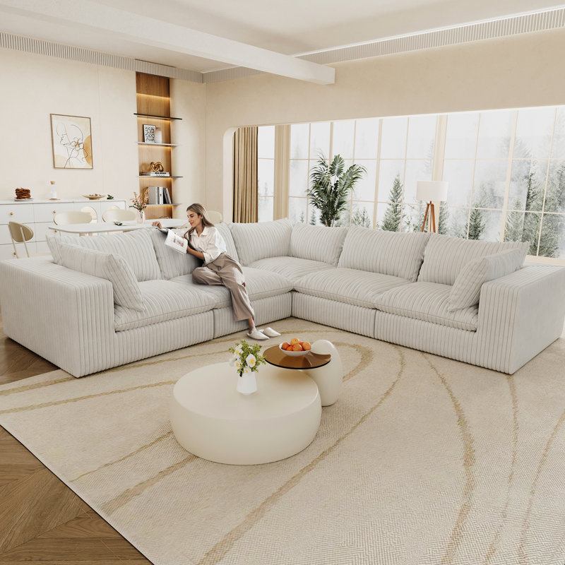 Nuage de velours côtelé blanc de 118,2 po, 5 sièges, fabrication à deux couches, coussin amovible, sans assemblage, bricolage pour le salon et la conférence, rembourrage en mousse souple, compression à haute densité pour économiser de l'espace