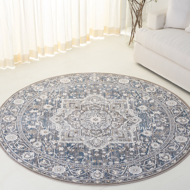 Tapis oriental en polyester 1272 Clover, Rond 6 pi 7 po, Bleu