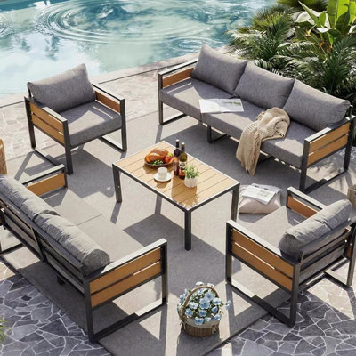 Ensemble de conversation de patio en acier 5 pièces, ensemble de mobilier de patio pour 7 personnes avec table basse pour la cour