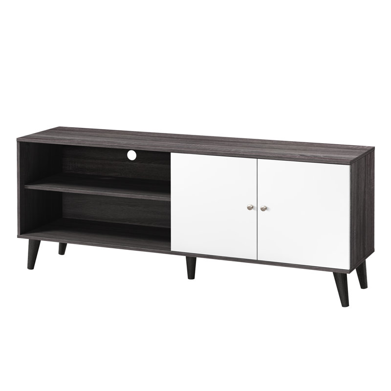 Meuble télé avec 2 tablettes et 1 placard, gris foncé et blanc, idéal pour les téléviseurs de 70 à 79 pouces. Rangement blanc et rangement multimédia idéal.