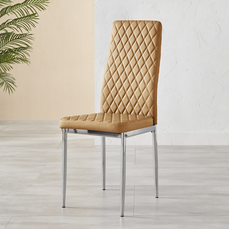 Kylooe Modern Marble Effect & Silver Metal Dining Table Set with 4 Upholstered Faux Leather Chairs, Mustard