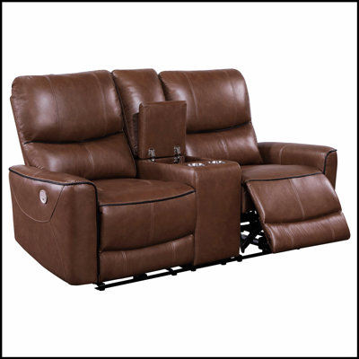 Denson Saddle Brown Upholstered Power Reclining Loveseat With Console And USB Port, Perfect For Modern Comfort And Convenience