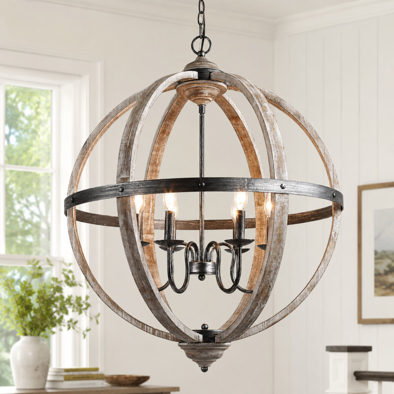  Aziz 6 - Light 27"W Large Globe Chandelier, Modern Farmhouse Distressed Wood Pendant Light for Dining Room and Foyer