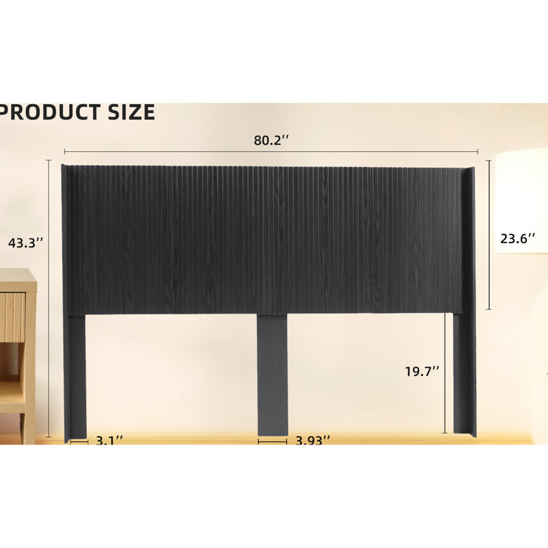 Tête de lit de 80,2 po de largeur - construction en bois, tête de lit moderne, fixation murale avec panneau cannelé, style à oreilles, finition chêne noir, apparence réelle élégante, design 3D contemporain, confortable, rapide