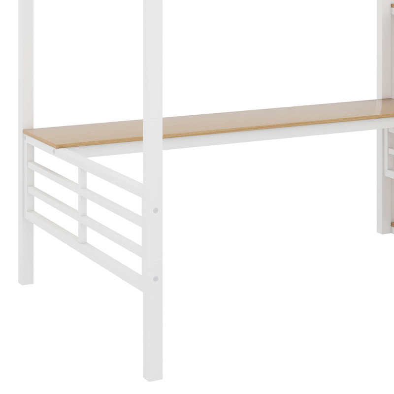 Lit mezzanine double en métal avec bureau, escalier et garde-robe, Blanc