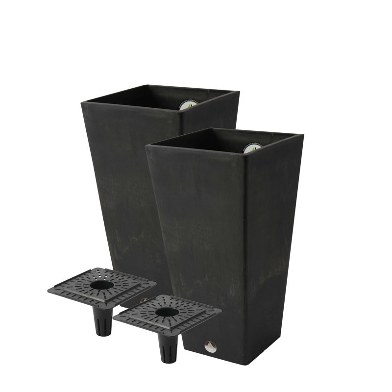 Cara Composite Pot Planter Set with Water Trays, Black