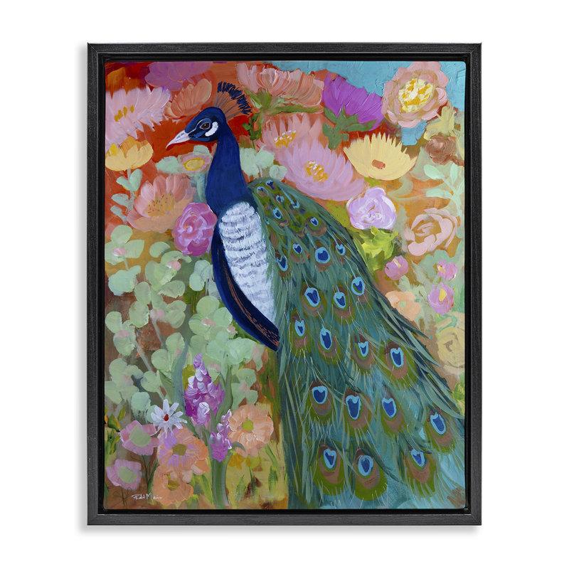 "Bundle of Florals & Peacock", art mural sur toile flottante, design par Robin Maria, Cadre flottant noir de jais