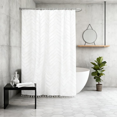 Shower Curtain Fabric Textured Tufted Chevron Design Waterproof Polyester Bathroom Decor With Tassels