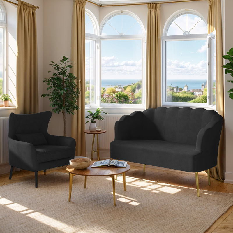 Causeuse 2 pièces en velours doux moderne avec fauteuil d'appoint, Noir