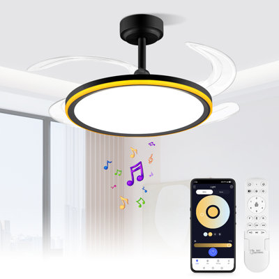 Ventilateur de plafond mince rétractable avec lumière et application / télécommande, ventilateur de plafond intelligent moderne de 42 pouces avec haut-parleur Bluetooth, spectre complet à intensité variable avec mémoire, ventilateur réversible à 6 vitesses