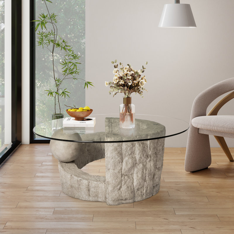 Round Glass Top Coffee Table Abstract Faux Stone Base Centre Table 100x100cm