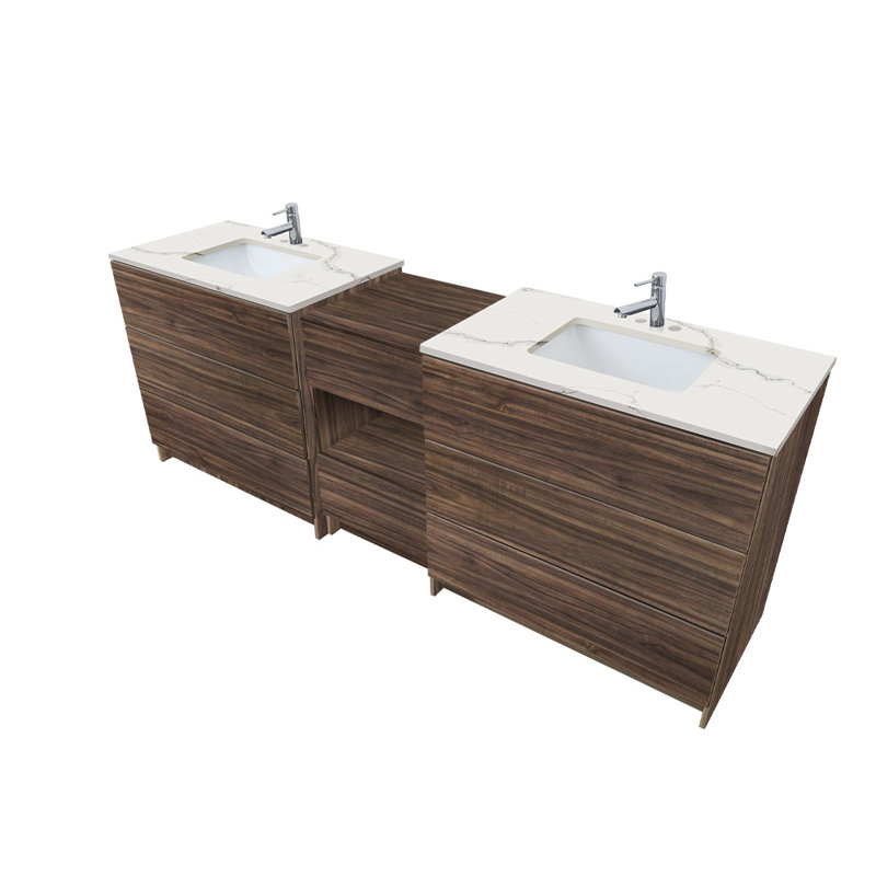 Ella 92'' Double Bathroom Vanity with Engineered Quartz Top, 4" Centerset, Calacatta White, Brown