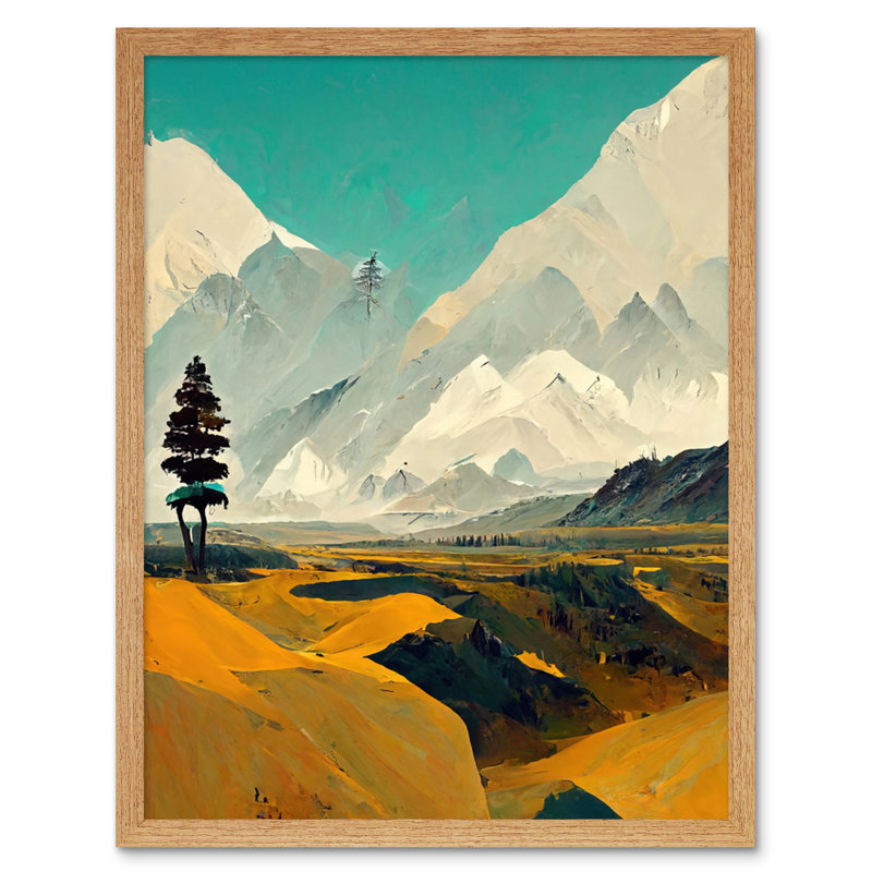 Lone Tree Snowy Mountain Abstract Landscape - Print, Light Brown Framed Paper, 25.9cm H x 20.6cm W