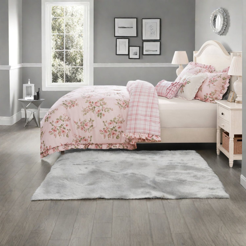 Ensemble de literie King, couette en microfibre rose à fleurs avec taies d'oreiller à volants