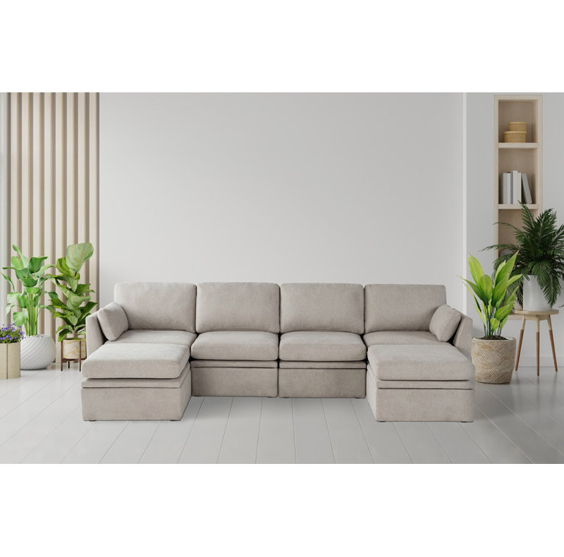 6 Piece U-shaped Modular Fabric Sectional, Beige Polyester
