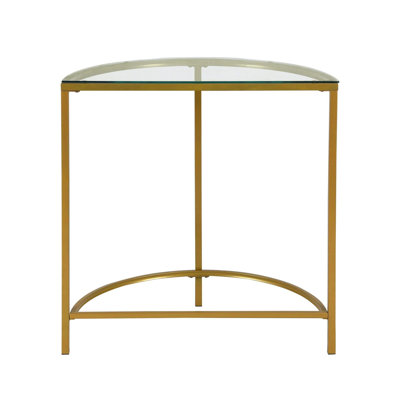 Table console demi-cercle à trois pieds en verre transparent et doré de 74 cm (29 po) et en fer