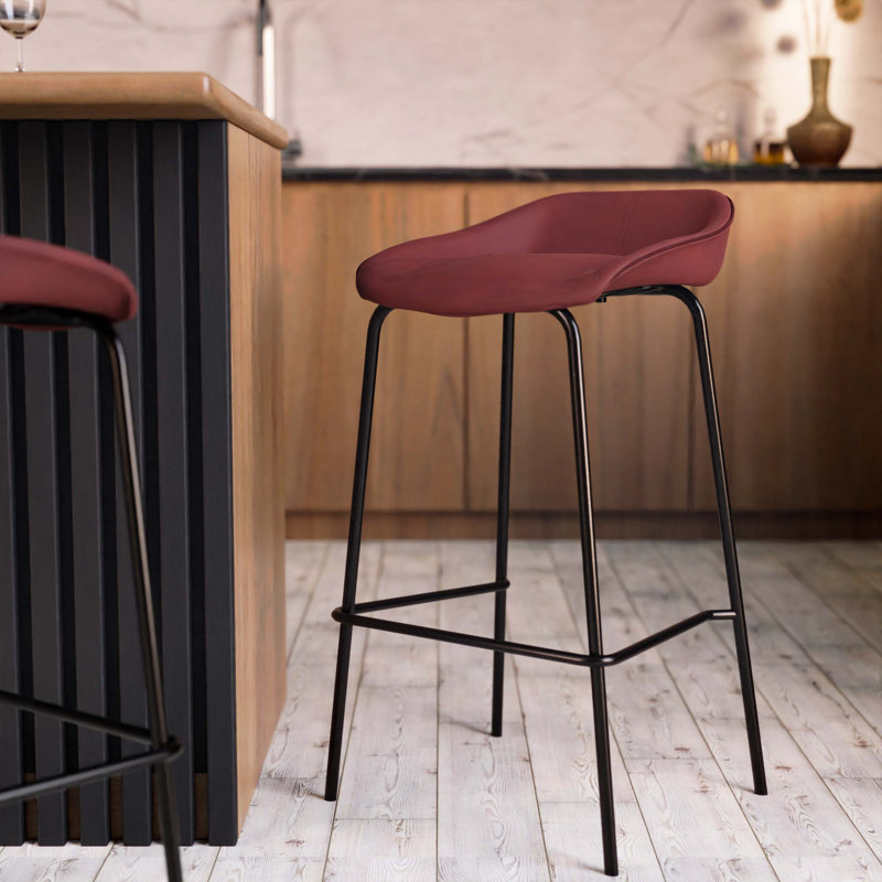 Masayo 29.52'' Short Bar Stool with Upholstered Seat and Iron Frame, Bordeaux