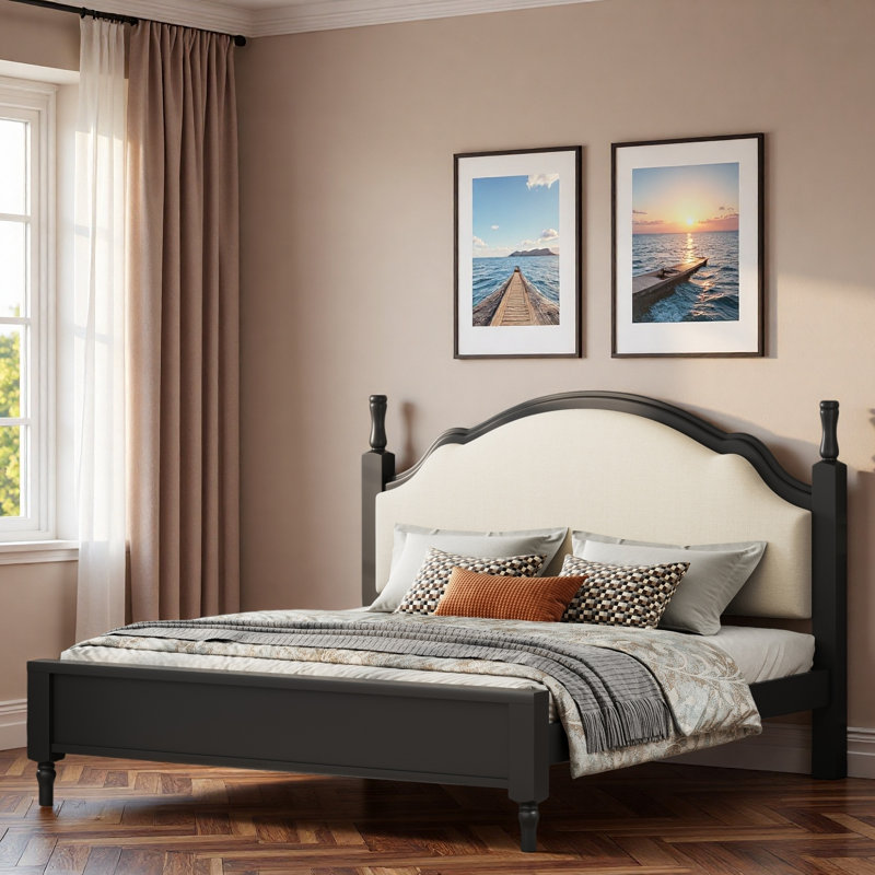 Lit plateforme en bois avec tête de lit tapissier et pieds robustes, Très grand lit, Noir / Beige