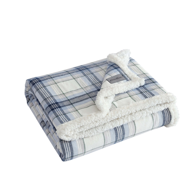 Eddie Bauer Printed Flannel/Sherpa Throw Blankets, Edgewood Plaid Blue