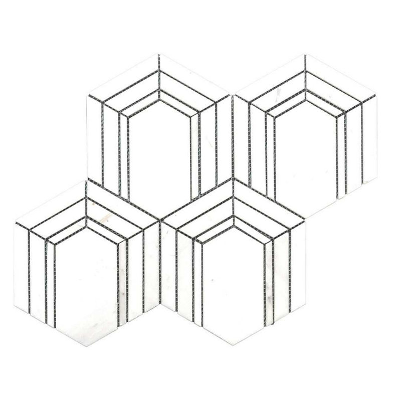 Argos Peak 12" x 14" Hexagon Marble Mosaic Wall and Floor Tile, Carrara and Thassos