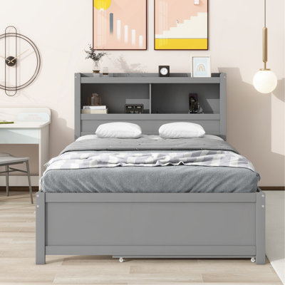 Full Size Platform Bed With Trundle, Drawers And USB Plugs, Gray