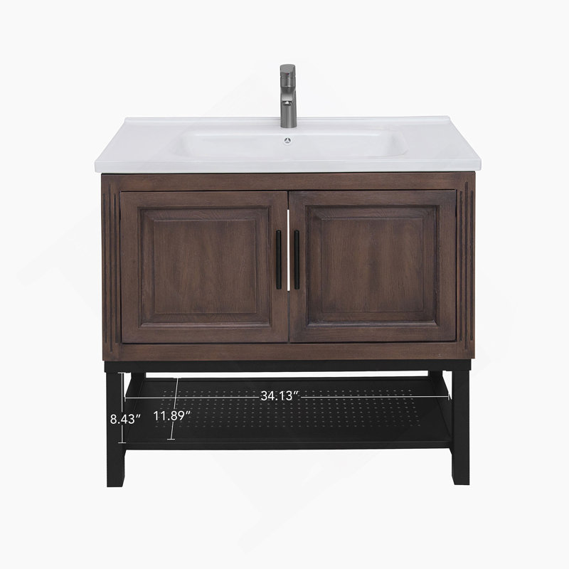 Meuble-lavabo 36 po avec lavabo en céramique blanc et robinet d'eau chaude et froide, armoire de salle de bain autoportante avec 2 portes de rangement et tablette ouverte en fer pour la salle de bain