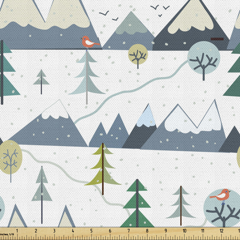 Frederic Snowy Landscape of Trees and Mountains with Birds Fabric