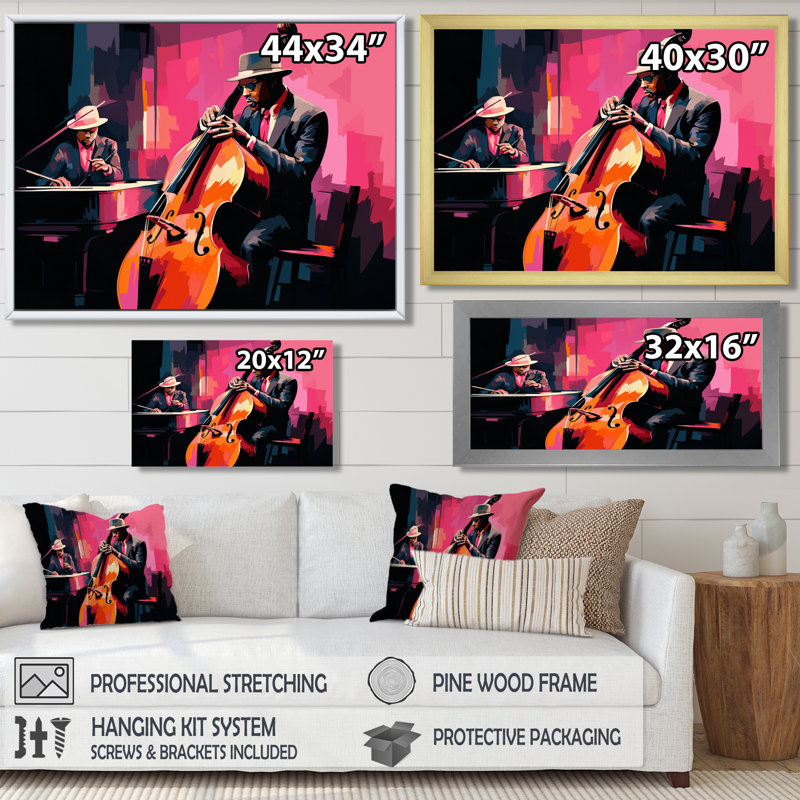 Jazz duo contrebasse et piano rétro rose - décor d'art mural musicien, Toile avec cadre flottant noir