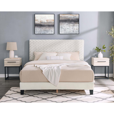 3-Piece Bedroom Set, Plush 3D Upholstered Bed With Two Nightstands