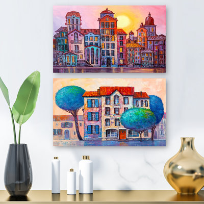 " Street Scene In Old Town With Colorful Buildings " 2 - Pieces