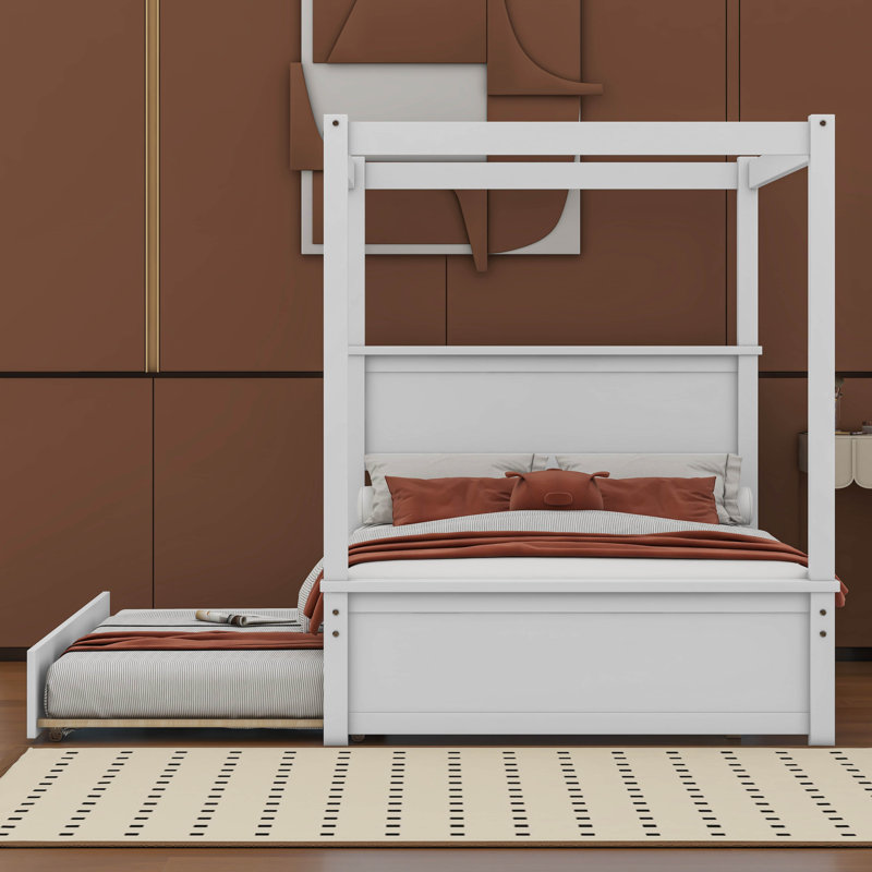 Cactier Full Size Canopy Platform bed With Trundle Bed, Brushed White