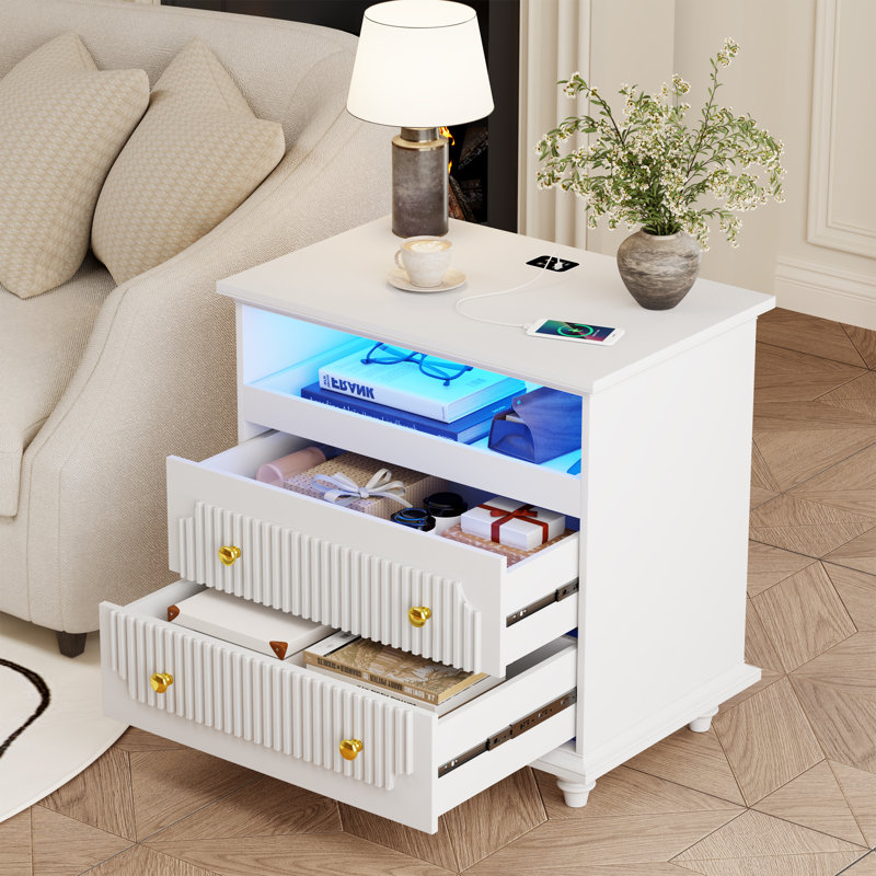 Table de chevet 2 tiroirs avec éclairage et station de charge, Blanc