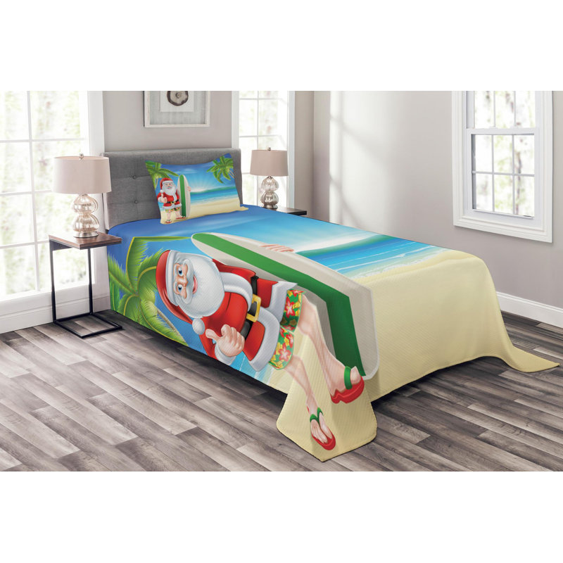 Santa Surfboard Twin Quilted Bedspread Set in White