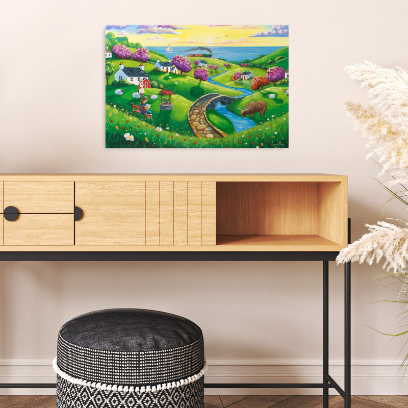 «A Journey Through Summer Fields Peaceful Contemporary Cow Coastal Landscape», art mural, 16" H x 24" W