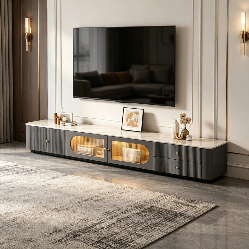 Meuble télé de luxe avec tiroir et armoire, H 13,38 po x L 78,74 po x l 11,81 po, Blanc / gris / gris clair