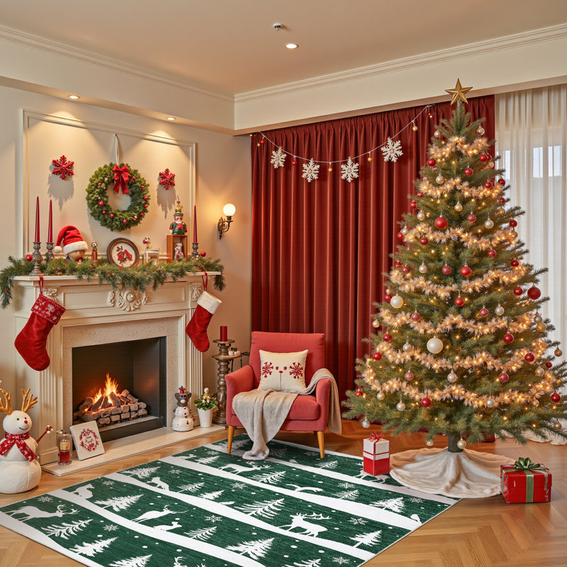 Christmas Non-Slip Area Rug for Living Room – Low Pile Washable Mat with Xmas Tree, Reindeer & Snowflake – Soft Holiday Home Decor for Bedroom, Dining Room