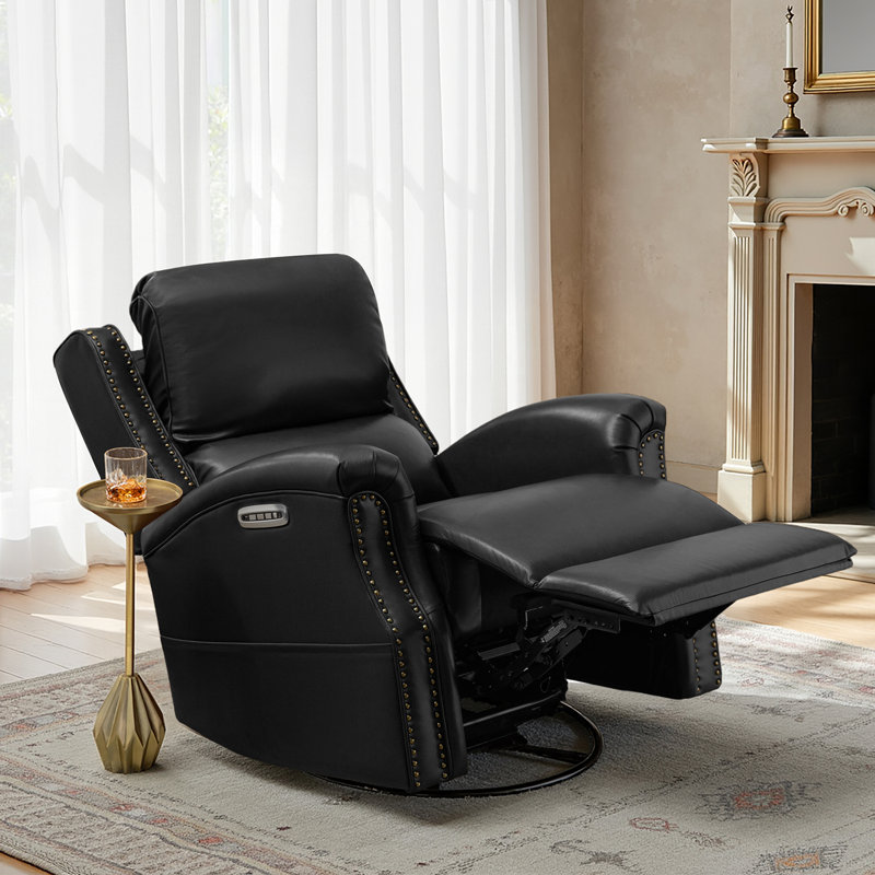 Bouton Traditional Genuine Leather Power Swivel Glider Recliner, Black