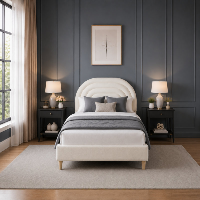 Halis Upholstered Scalloped Bed, Ivory Teddy, Twin